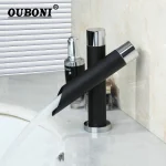 OUBONI mitigeur de lavabo en acier inoxydable, robinet de salle de bains noir mat monté sur le pont de l&rsquo;évier mélangeur de robinet chaud et froid