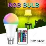 Ampoule LED RGB B22, Base avec télécommande, variable 15W AC220V 230V, changement coloré pour chambre à coucher, salon, lampe de bureau, royaume-uni