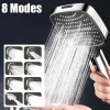Pommeau de douche avec filtre, 8 Modes, grand panneau de 12cm, salle de bains, haute pression, économie d&rsquo;eau, pomme de douche à pluie, buse de douche carrée