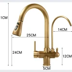 Robinet de cuisine trois en un en laiton massif de Style Antique pur avec bec extractible pour lavabos, robinet de cuisine à trois modes
