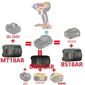 adaptateur batterie universel Ridgid Aeg compatible Makita Bosch Dewalt Milwaukee 18V 20V compact plastique contacts métalliques montage rapide professionnel bricoleur