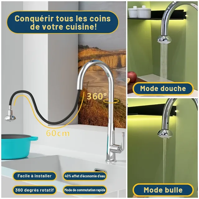 Robinet de cuisine chromé de luxe extractible 360°… – vue 2