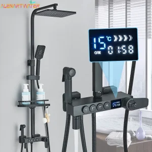 colonne douche murale thermostatique noir mat or mitigeur microgénérateur autonome pommeau tête carrée pluie douchette main hygiénique écran numérique minuteur