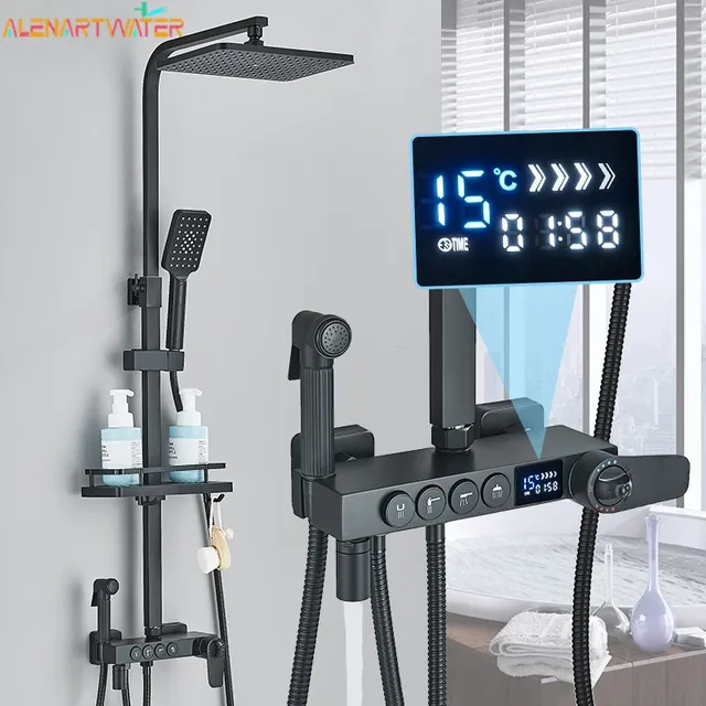 Colonne douche murale thermostatique noir mat or…