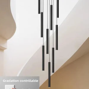 Dimmable LED contrôlable éclairage pendentif Long câble lustre concepteur salon et escalier lampe Villa grenier chambre lampe Luminaires suspendus pour showroom en hauteur Lampe suspendue cylindrique à long canon