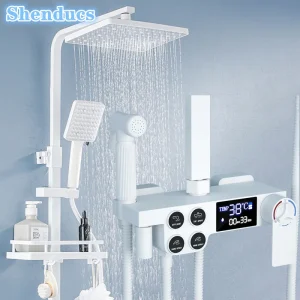 Pommeau de douche à effet pluie, ensemble de douche numérique blanc, système de douche thermostatique à LED, HOmall F/05, qualité