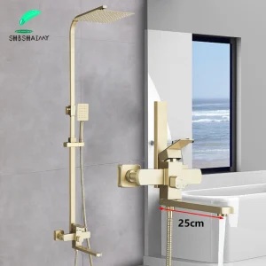 Ensemble de système de douche à effet pluie en or brossé, douche chaude et froide, centre commercial avec baignoire de 25cm, bec rotatif, douche de bain