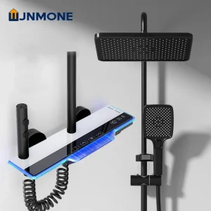 Ensemble complet de douche HOShower à lumière ambiante, baignoire murale, centre commercial, pluie, affichage numérique, système de douche noir, douche cascade Ensemble de robinet de douche thermostatique intelligent
