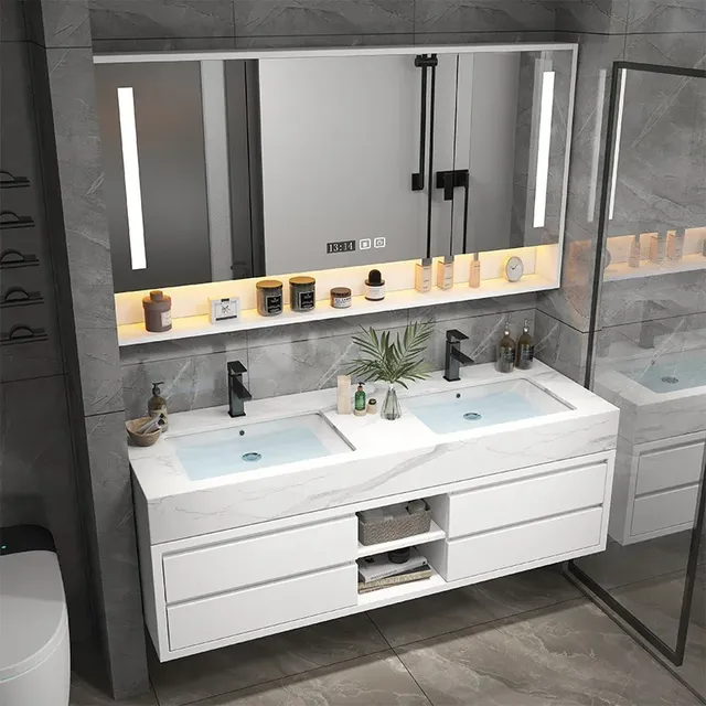 Meuble salle bain suspendu double vasque marbre gris… – vue 4