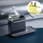 organisateur évier rangement ustensiles éponge savon bac vidange plateau égouttoir amovible réservoir dissimulé brosse flacon moderne minimaliste anthracite plastique brillant