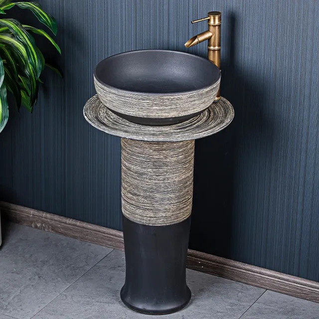 Lavabo colonne fonte effet pierre striée gris beige… – vue 2