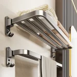 Porte-serviettes de bain pliable, tige plate, étagère sèche-serviettes avec crochet, montage mural gris, salle de douche, salle de bain, balcon, hôtel, porte-serviettes