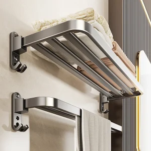 Porte-serviettes de bain pliable, tige plate, étagère sèche-serviettes avec crochet, montage mural gris, salle de douche, salle de bain, balcon, hôtel, porte-serviettes