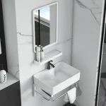Lavabo mural Simple en porcelaine blanche, miroir de vanité de salle de bains, lavabo intégré avec éviers, meubles de salle de bains d&rsquo;hôtel