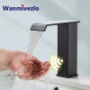 Robinet de lavabo de salle de bains à capteur Intelligent, noir Intelligent, sens automatique, mélangeur d&rsquo;eau froide et chaude en laiton, cascade de grue, montage sur pont