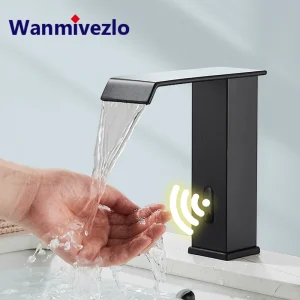 Robinet de lavabo de salle de bains à capteur Intelligent, noir Intelligent, sens automatique, mélangeur d&rsquo;eau froide et chaude en laiton, cascade de grue, montage sur pont