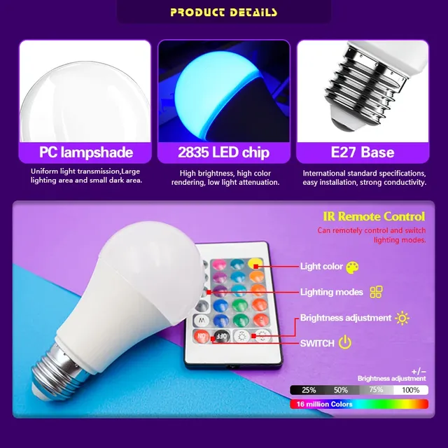 Ampoule LED RGB AC 220V 230V E27 Bombillas LED 7W IR… – vue 3