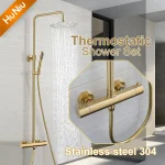 HuNiu – ensemble de système de douche thermostatique, ensemble de douche de salle de bains en acier inoxydable, ensemble de robinets de douche de bain, ensemble de douche à effet de pluie, or brossé