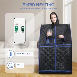 sauna vapeur portable maison tente individuel noir matelassé liserés bleus fermeture frontale capuche intégrée ouvertures bras assis sauna vapeur portable maison tente individuel noir matelassé liserés bleus fermeture frontale capuche intégrée ouvertures bras assis