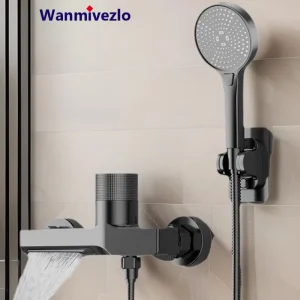 Bec de robinet de salle de bains cascade grise avec étagère réglable, douche multifonctionnelle, robinet de baignoire Premium