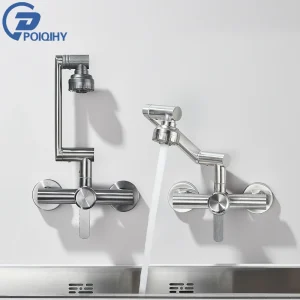 Robinet de cuisine en Nickel brossé, mitigeur mural de salle de bains et de cuisine, poignée unique, col pliant, pulvérisateur à 2 fonctions, 2 trous