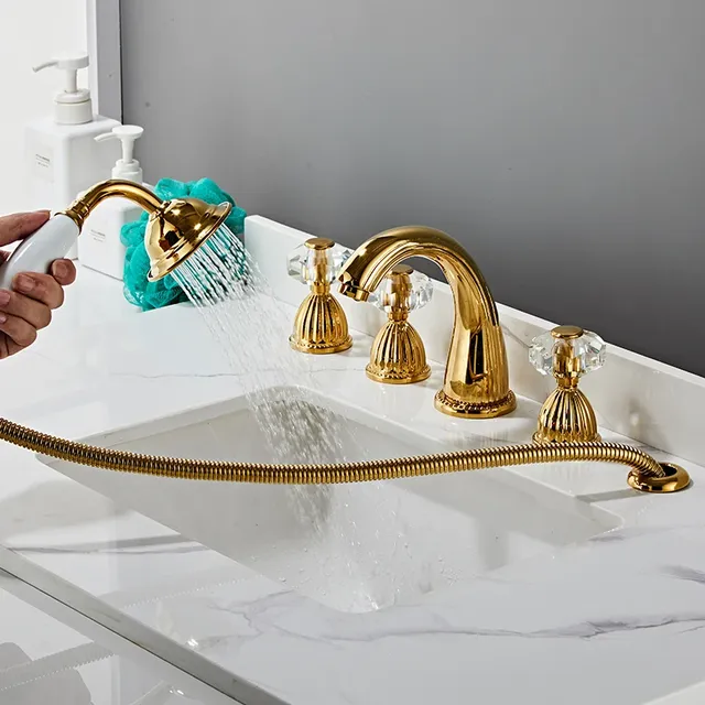 Robinetterie lavabo quatre pièces laiton doré poli bec… – vue 2