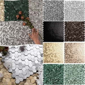 Autocollants muraux décoratifs en mosaïque, panneau en aluminium et plastique, auto-adhésif, résistant à l’humidité, ignifuge, décoration de carrelage hexagonal pour salle de bains Autocollants muraux décoratifs en mosaïque, panneau en aluminium et plastique, auto-adhésif, résistant à l’humidité, ignifuge, décoration de carrelage hexagonal pour salle de bains