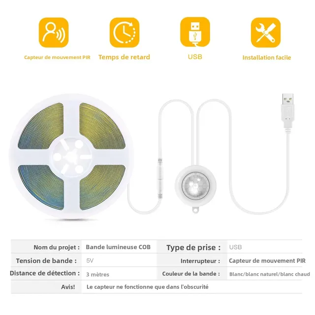 Bande lumineuse LED COB avec capteur de mouvement PIR… – vue 5