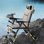 chaise pêcheur pliable réglable professionnel toutterrain aluminium noir beige rembourré imperméable appui tête pieds télescopiques patins larges accoudoirs porte canne