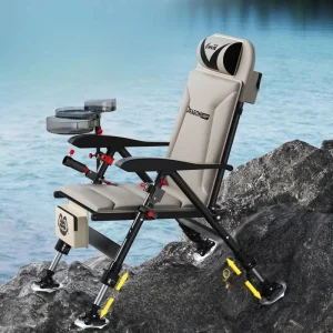 chaise pêcheur pliable réglable professionnel toutterrain aluminium noir beige rembourré imperméable appui tête pieds télescopiques patins larges accoudoirs porte canne