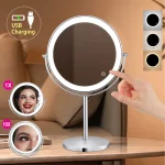 Miroir de maquillage LED grossissant de 8 pouces, 10X, avec interrupteur tactile, lumière 3 couleurs, Double face, chargeur USB, miroir cosmétique de vanité de bureau