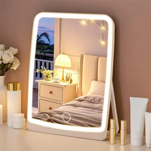 Miroir de maquillage rechargeable compact à LED avec éclairage tricolore, luminosité réglable sur écran tactile et lumière intégrée