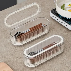 boîte rangement baguettes cuisine transparent plastique polypropylène durable antipoussière couvercle charnière clapet égouttoir amovible plateau drainant compact ovale strié antidérapant
