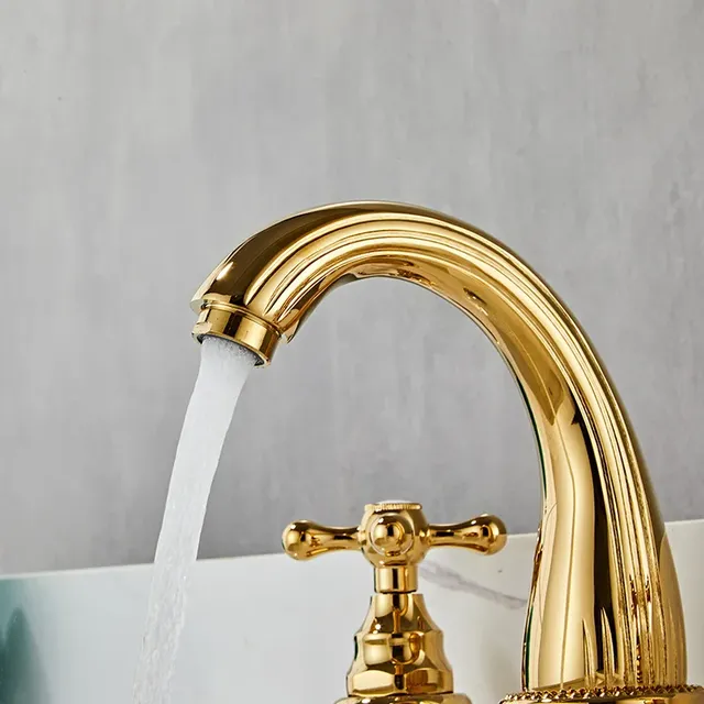 Robinet lavabo trois trous bec haut arche doré laiton… – vue 3
