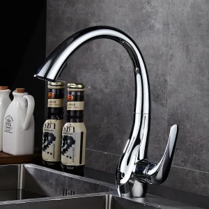 TOLM robinet d&rsquo;évier de cuisine moderne en laiton chromé poli, poignée unique pivotante, bec extractible, récipient mitigeur d&rsquo;évier