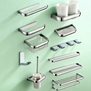 Accessoires de salle de bains chromés, matériel mural en laiton, étagère pour serviettes de bain, porte-brosse de WC, panier en rouleau de papier, anneau porte-savon Accessoires de salle de bains chromés, matériel mural en laiton, étagère pour serviettes de bain, porte-brosse de WC, panier en rouleau de papier, anneau porte-savon