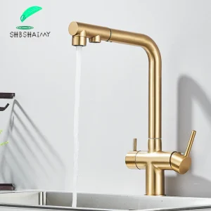 Robinet de cuisine avec filtre de traction en or brossé, mélangeur d’eau chaude et froide, Filtration double Mode, Purification, éviers de cuisine, Rotation à 360 degrés Robinet de cuisine avec filtre de traction en or brossé, mélangeur d’eau chaude et froide, Filtration double Mode, Purification, éviers de cuisine, Rotation à 360 degrés