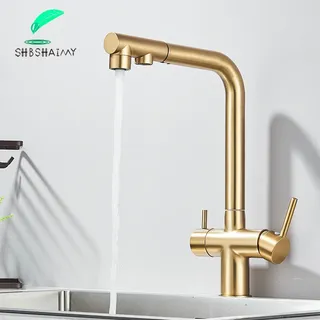 Robinet de cuisine avec filtre de traction en or brossé
