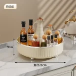 Organisateur rotatif 360 degrés plateau tournant cuisine minimaliste crème texturé bord relevé métallique pieds surélevés antidérapants capacité condiments épices