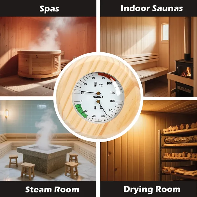 Thermomètre Hygromètre Sauna Bois Rond Cadran Double… – vue 6