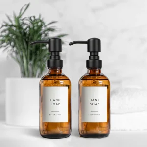 Distributeur de bouteilles à pompe pour savon liquide, distributeur de savon pour les mains de salle de bain, ensemble distributeur de savon et de lotion en verre ambré, 2 pièces 250ml