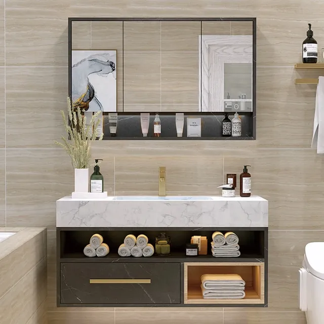 Vanité murale moderne PVC double vasque marbre blanc… – vue 2