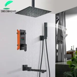 Système de douche à affichage numérique LCD noir, installation au plafond, robinet de centre commercial, baignoire, cascade de pluie Système de douche à affichage numérique LCD noir, installation au plafond, robinet de centre commercial, baignoire, cascade de pluie