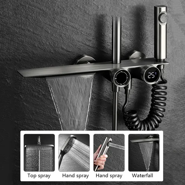 Ensemble douche cascade gris peint mitigeur mural cuivre… – vue 4