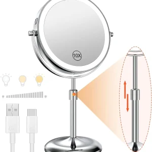 Miroir de maquillage debout avec lampe lumineuse, luminosité réglable, grossissement 10X, 3 lumières pour documents, recommandé, miroir cosmétique, 8 po