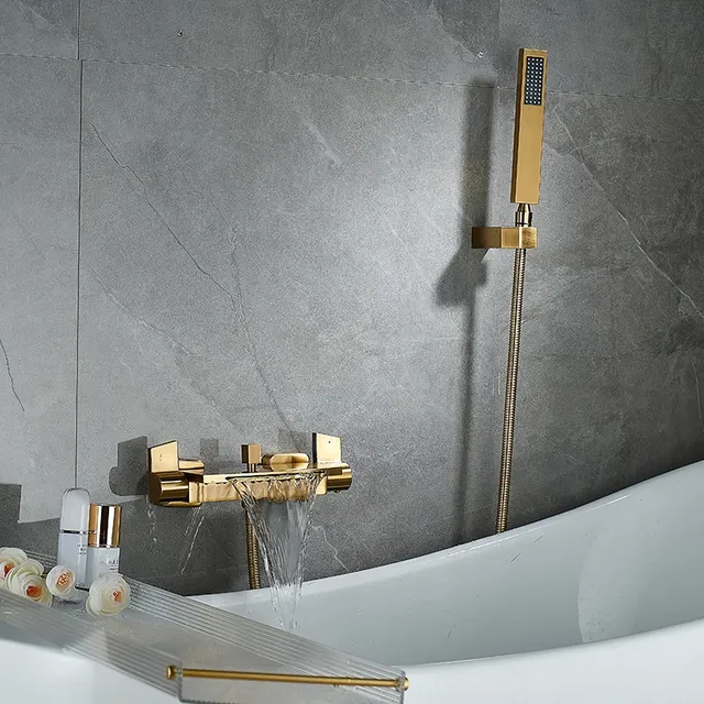 Ensemble bain douche mural doré brossé laiton gris… – vue 2
