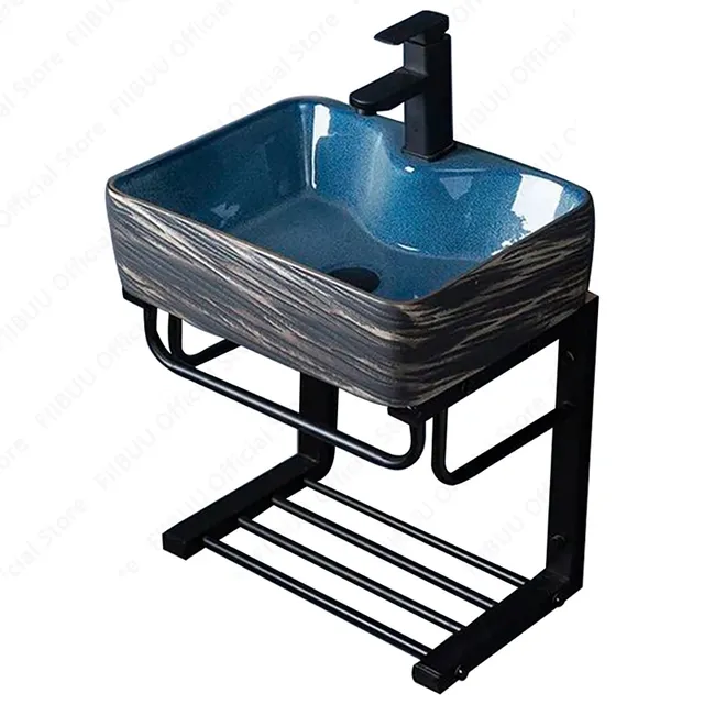 Lavabo mural céramique bleu émaillé rectangulaire coins… – vue 2