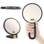 30X Magnifying Hand Held Mirror with Tweezers, Double Side Folding Hand Mirror For Women Men With Adjustable Handle