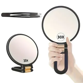 30X Magnifying Hand Held Mirror with Tweezers
