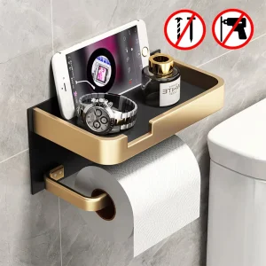 Porte-rouleau de papier toilette en aluminium, noir et or, espace sans poinçon, porte-rouleau en aluminium, porte-téléphone, boîtes à mouchoirs, accessoires de salle de bains support papier toilette